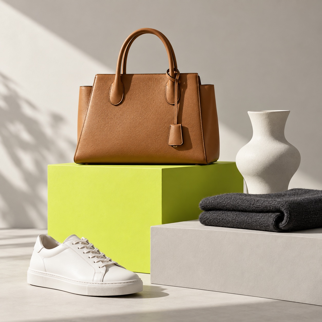 Una borsa in pelle caramello, una sneaker bianca e oggetti di design su piedistalli verde lime.